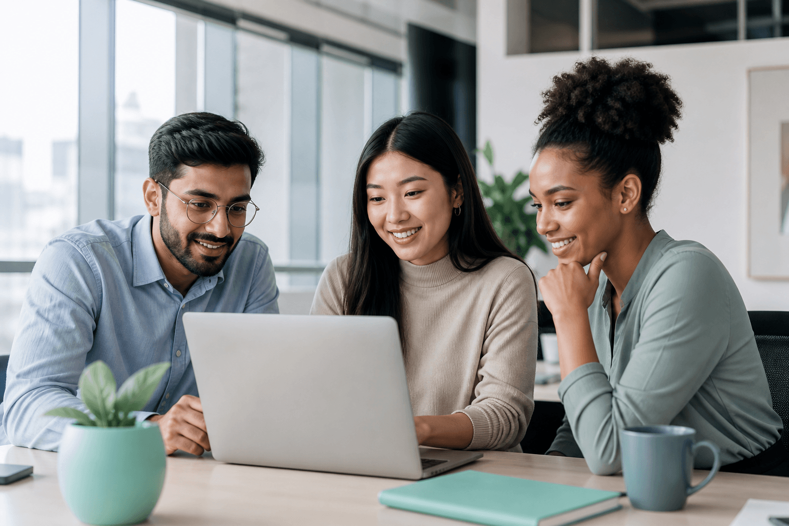 Team collaborating around a shared AI workspace